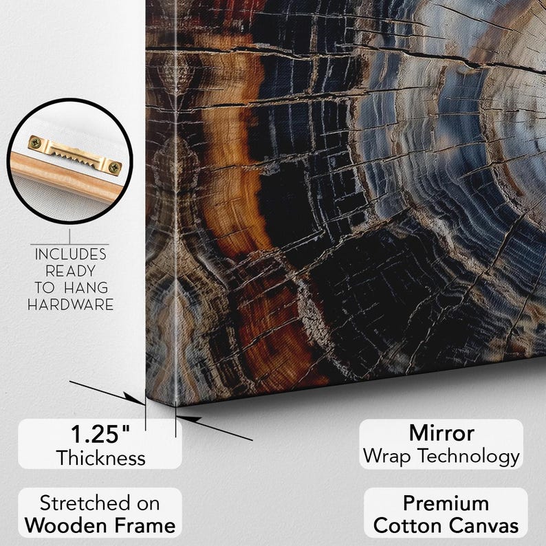 Petrified Wood Canvas Print, Abstract Tree Ring Wall Art, Natural Stone Wood Decor Boho