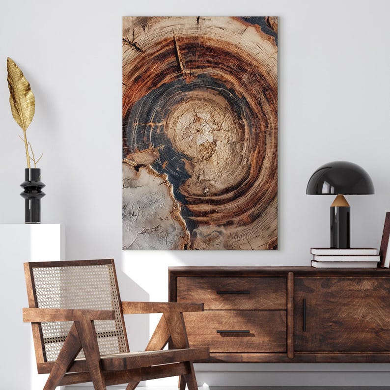 Petrified Wood Tree Ring Canvas Print, Abstract Wood Wall Art, Modern Nature Decor, Earth Tone Organic Art Boho