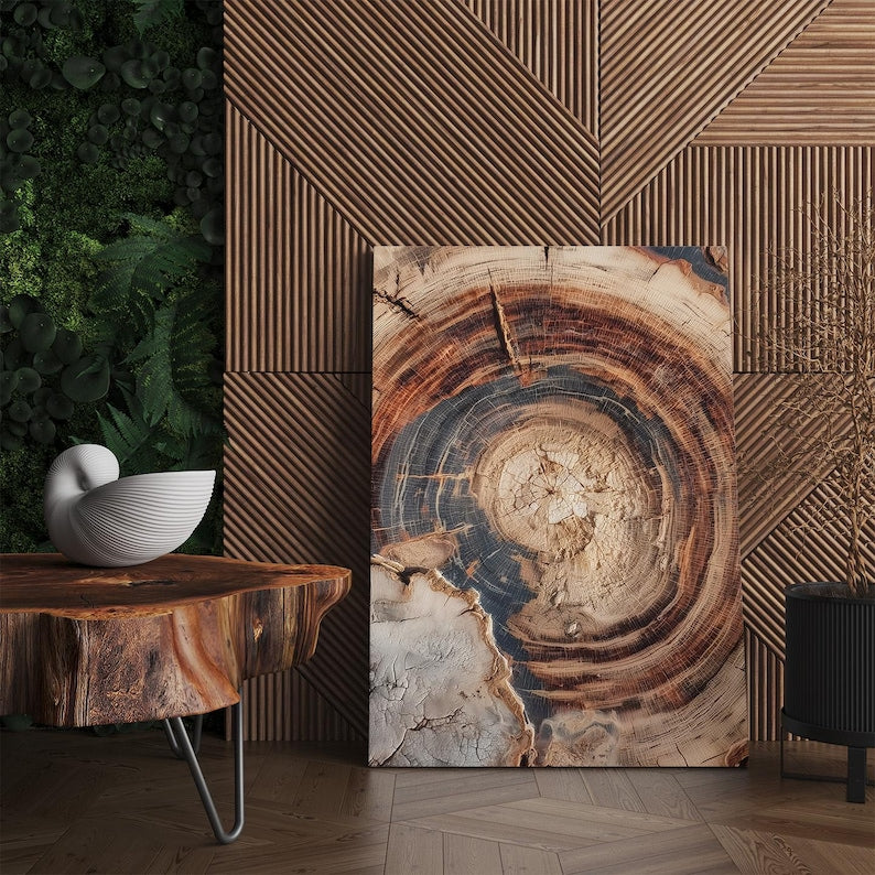 Petrified Wood Tree Ring Canvas Print, Abstract Wood Wall Art, Modern Nature Decor, Earth Tone Organic Art Boho