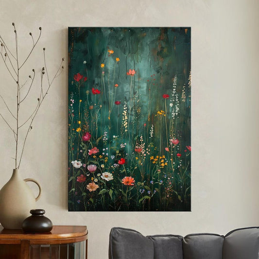Wildflower Field Framed Wall Art, Vintage Botanical Landscape, Floral Decor, Modern Farmhouse Canvas Art, Field Of Flowers Canvas Print