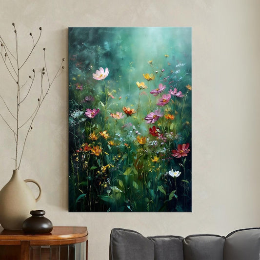 Wildflower Field Framed Cavas Print Wall Art Home Decor, Vintage Botanical Landscape, For Livingroom, Bedroom, Modern Farmhouse Gift Field