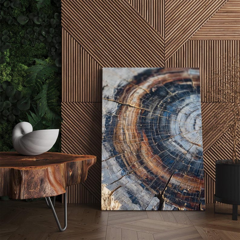 Petrified Wood Wall Art, Tree Ring Canvas Print, Abstract Nature Art, Earthy Decor Boho