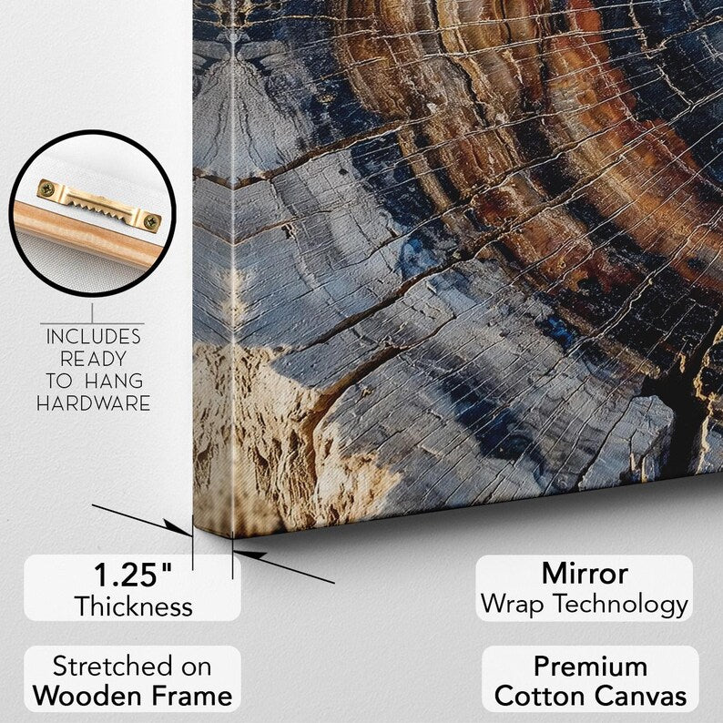 Petrified Wood Wall Art, Tree Ring Canvas Print, Abstract Nature Art, Earthy Decor Boho