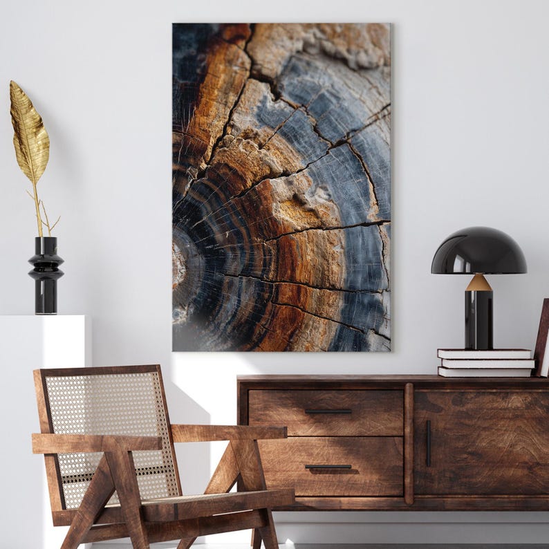 Abstract Petrified Wood Wall Art | Blue Orange Stone Texture Canvas Print | Unique Rustic Home Decor