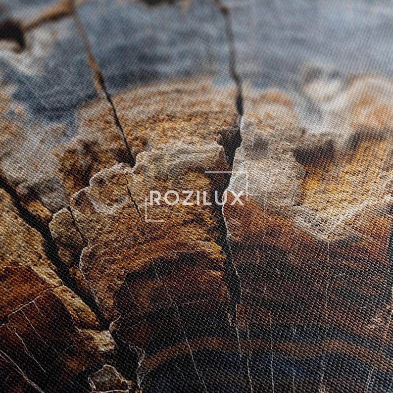 Abstract Petrified Wood Wall Art | Blue Orange Stone Texture Canvas Print | Unique Rustic Home Decor