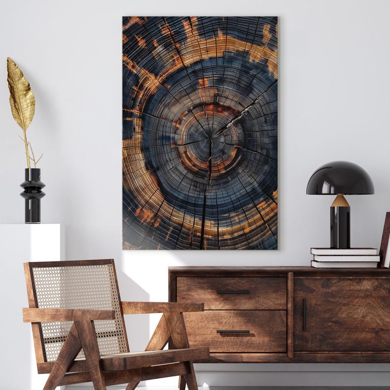 Tree Ring Canvas Print | Abstract Wood Grain Wall Art | Modern Rustic Home Decor | Dark Blue Orange Texture Art Boho