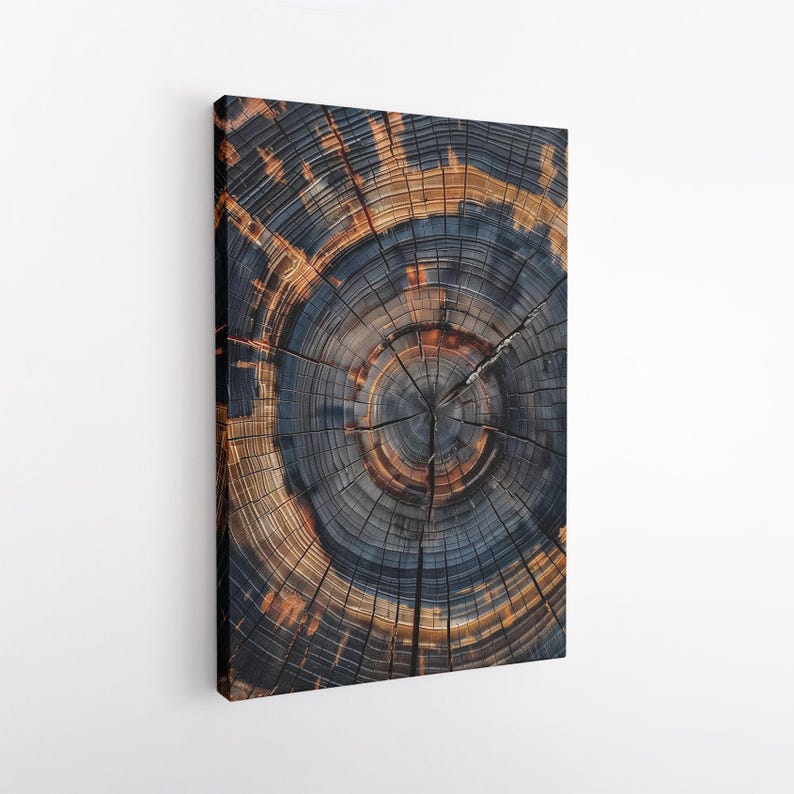 Tree Ring Canvas Print | Abstract Wood Grain Wall Art | Modern Rustic Home Decor | Dark Blue Orange Texture Art Boho