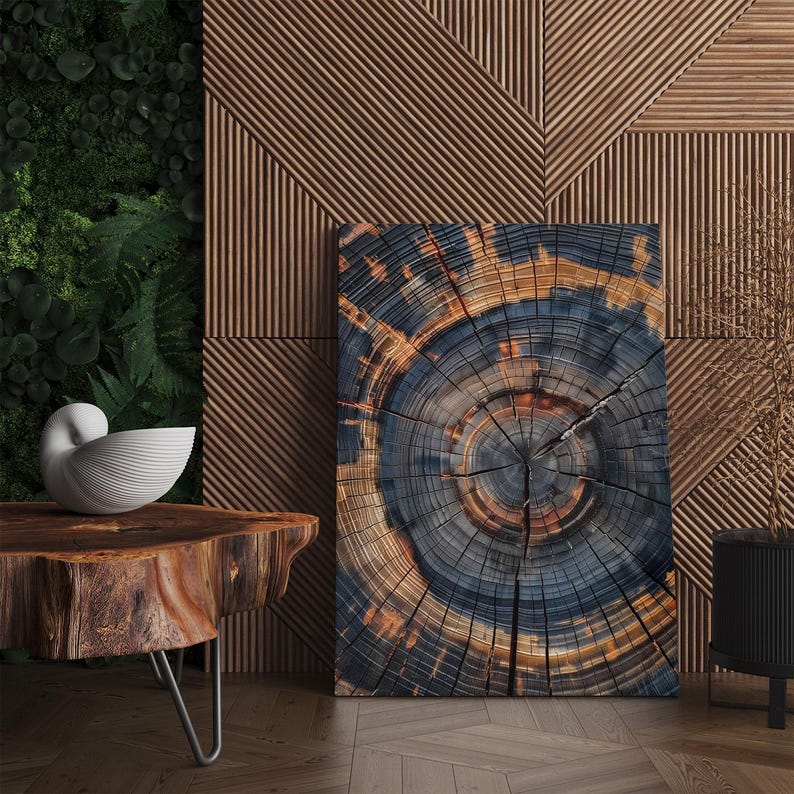 Tree Ring Canvas Print | Abstract Wood Grain Wall Art | Modern Rustic Home Decor | Dark Blue Orange Texture Art Boho