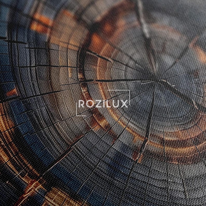 Tree Ring Canvas Print | Abstract Wood Grain Wall Art | Modern Rustic Home Decor | Dark Blue Orange Texture Art Boho