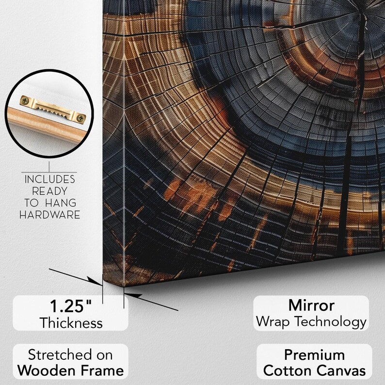 Tree Ring Canvas Print | Abstract Wood Grain Wall Art | Modern Rustic Home Decor | Dark Blue Orange Texture Art Boho