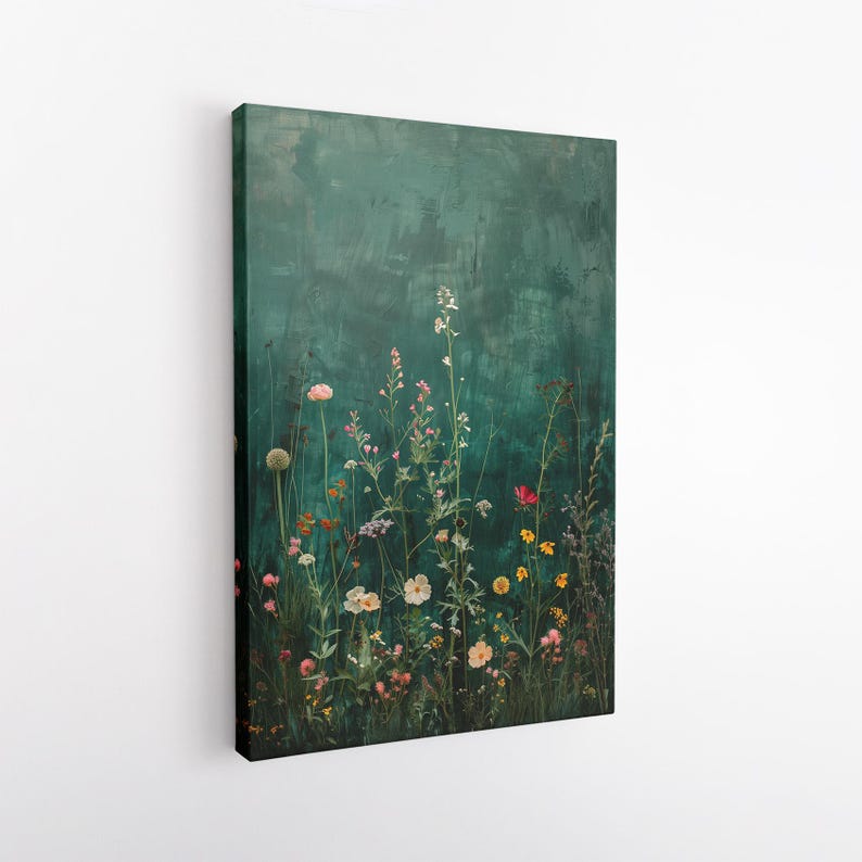 Wildflower Canvas Print, Modern Botanical Wall Art, Dark Green Floral Art Print for Home Decor, Framed Ready To Hang, Oil Painting Style
