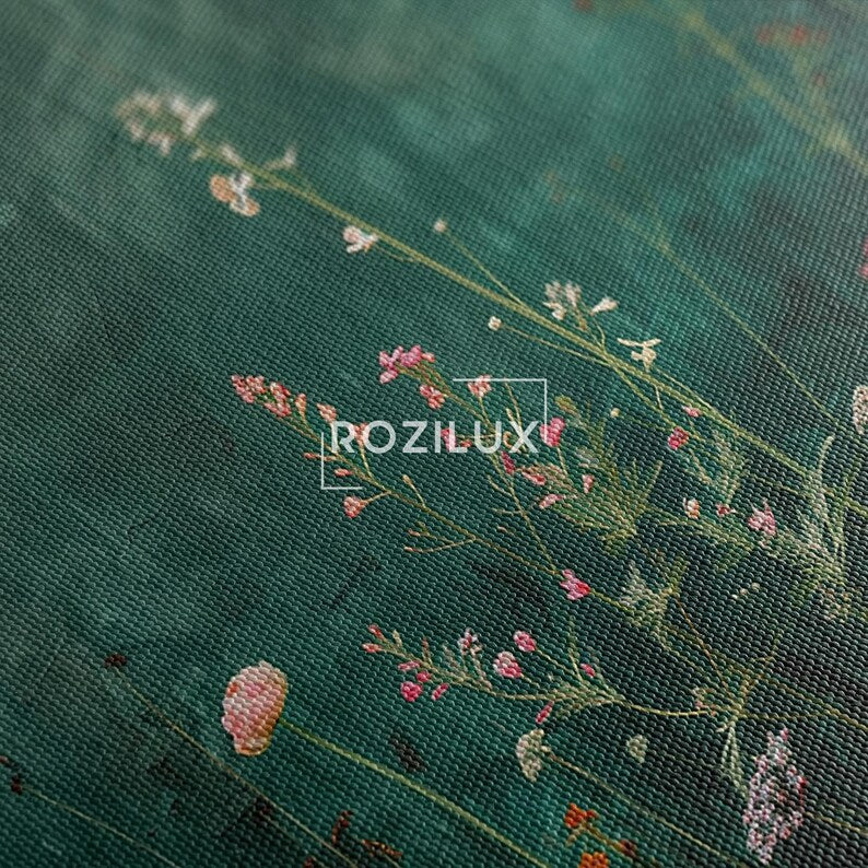 Wildflower Canvas Print, Modern Botanical Wall Art, Dark Green Floral Art Print for Home Decor, Framed Ready To Hang, Oil Painting Style