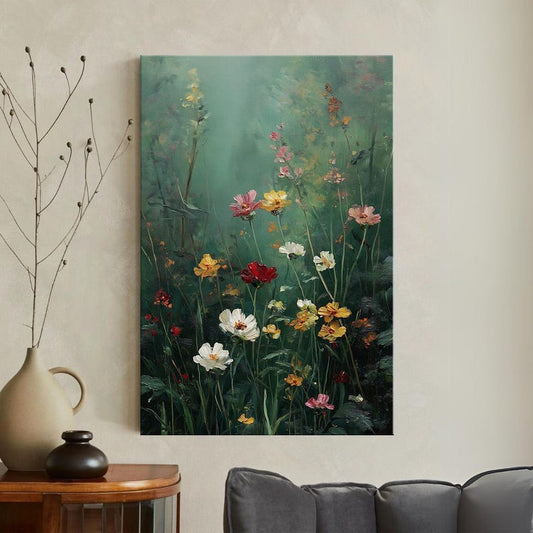 Wildflower Field Canvas Print, Moody Floral Wall Art, Dark Botanical Oil Painting Style Print, Living Room Decor, Housewarming Gift, Large