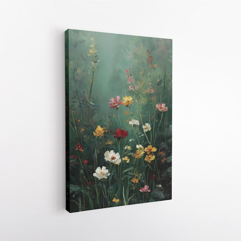 Wildflower Field Canvas Print, Moody Floral Wall Art, Dark Botanical Oil Painting Style Print, Living Room Decor, Housewarming Gift, Large