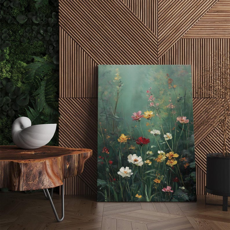 Wildflower Field Canvas Print, Moody Floral Wall Art, Dark Botanical Oil Painting Style Print, Living Room Decor, Housewarming Gift, Large