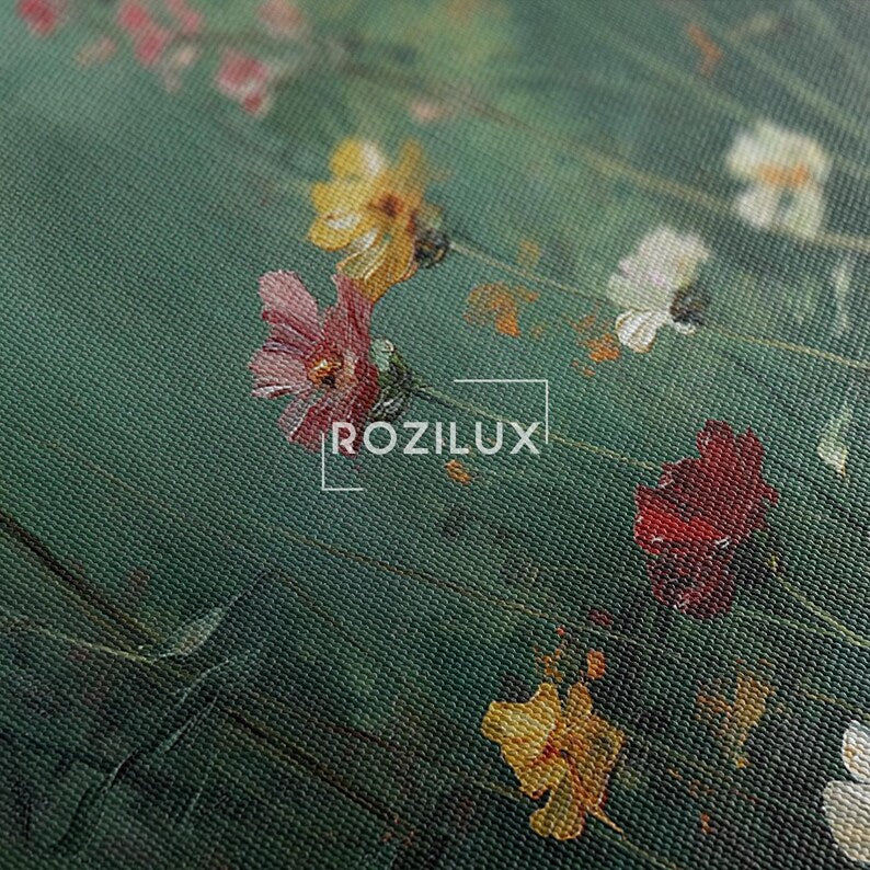 Wildflower Field Canvas Print, Moody Floral Wall Art, Dark Botanical Oil Painting Style Print, Living Room Decor, Housewarming Gift, Large