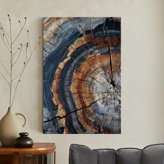 Abstract Blue Orange Tree Ring Canvas Print, Natural Wood Grain Wall Art, Rustic Modern Decor Boho