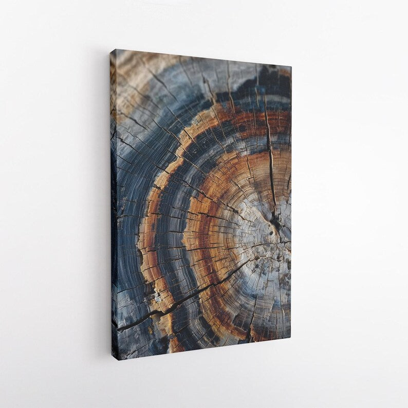 Abstract Blue Orange Tree Ring Canvas Print, Natural Wood Grain Wall Art, Rustic Modern Decor Boho