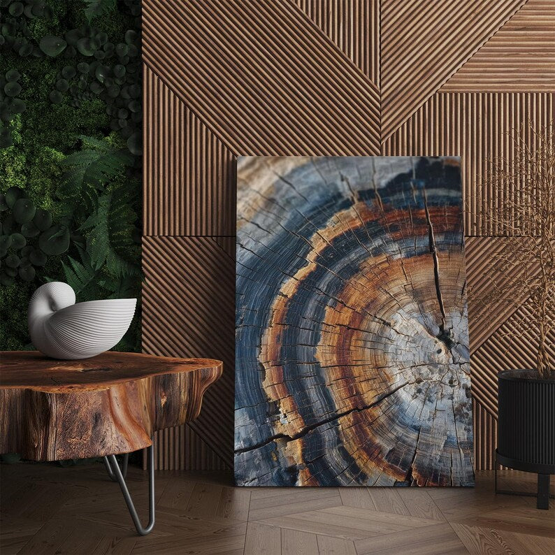 Abstract Blue Orange Tree Ring Canvas Print, Natural Wood Grain Wall Art, Rustic Modern Decor Boho