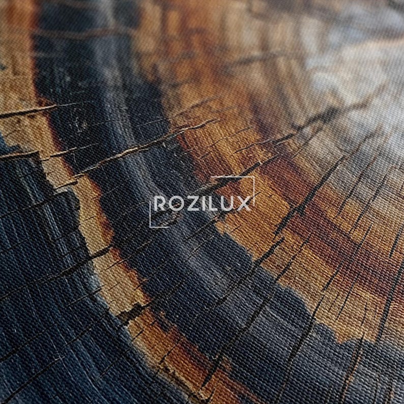 Abstract Blue Orange Tree Ring Canvas Print, Natural Wood Grain Wall Art, Rustic Modern Decor Boho