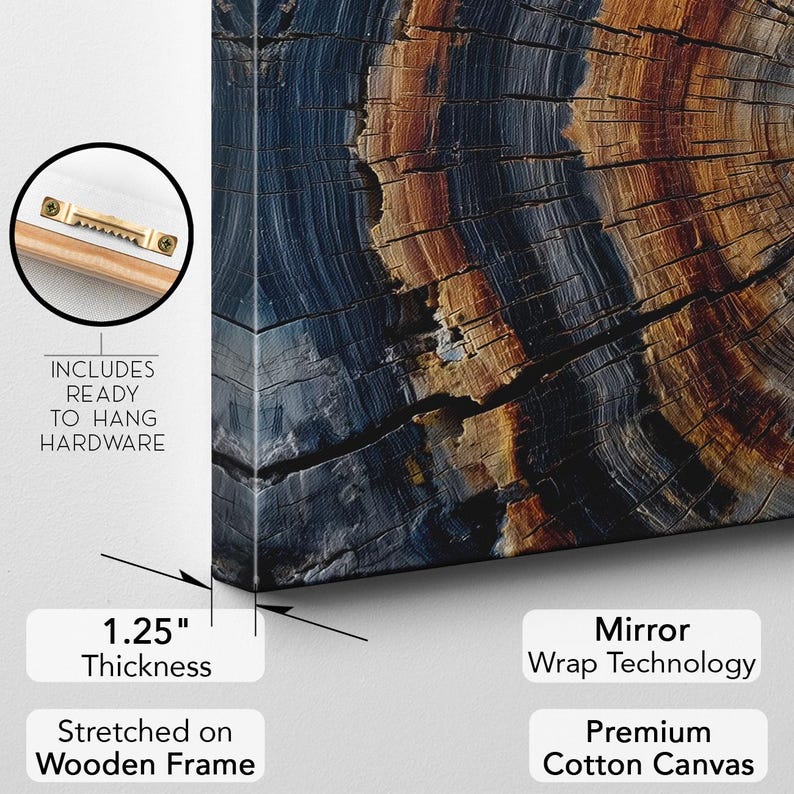 Abstract Blue Orange Tree Ring Canvas Print, Natural Wood Grain Wall Art, Rustic Modern Decor Boho