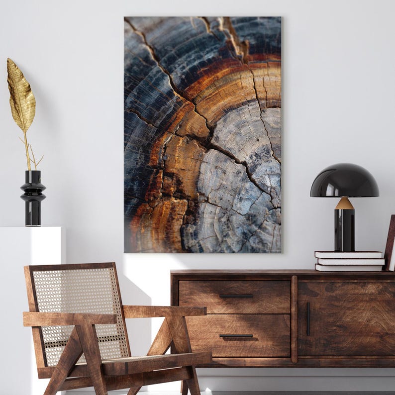 Abstract Tree Ring Canvas Wall Art, Rustic Wood Grain Print, Colorful Nature Home Decor Boho