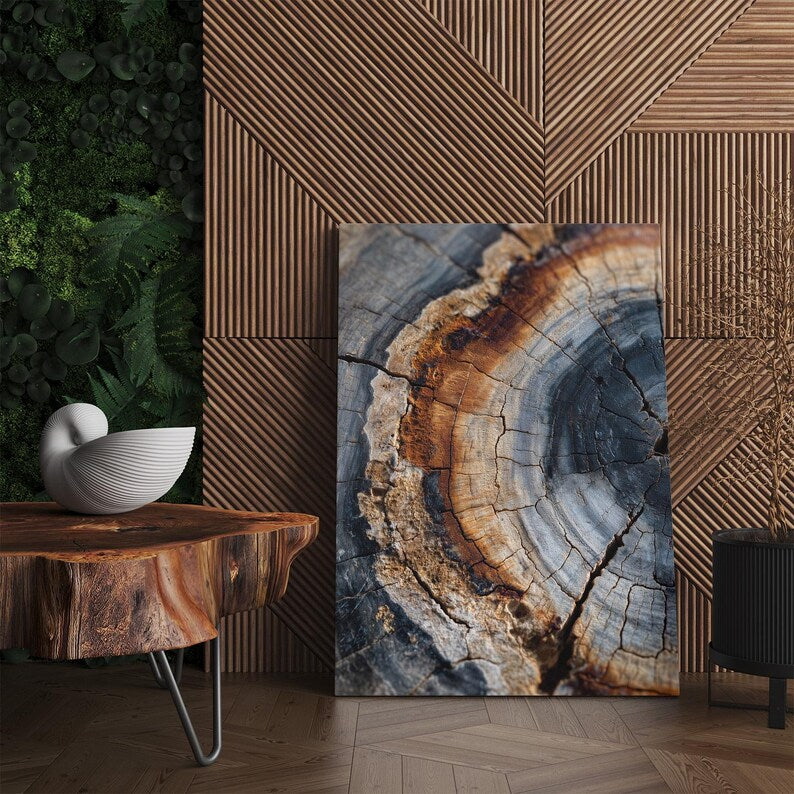 Tree Ring Wood Grain Canvas Wall Art | Rustic Nature Print | Abstract Organic Texture | Brown Grey Home Decor