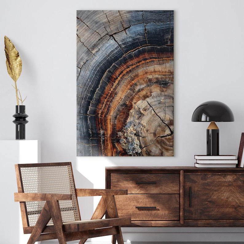 Tree Ring Canvas Print | Wood Grain Abstract Wall Art | Rustic Nature Decor | Orange Black Brown Earth Tones