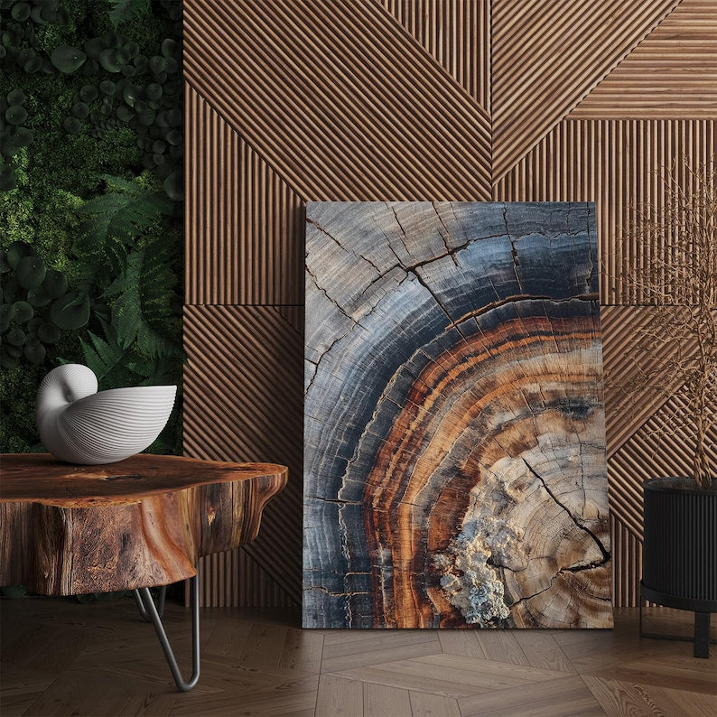 Tree Ring Canvas Print | Wood Grain Abstract Wall Art | Rustic Nature Decor | Orange Black Brown Earth Tones