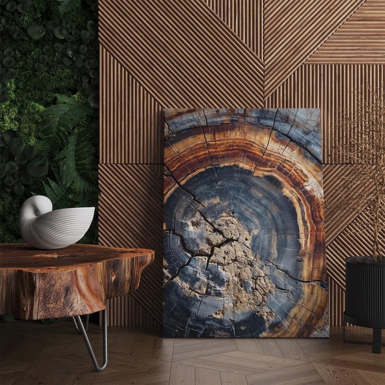 Tree Ring Canvas Print | Abstract Wood Grain Wall Art | Rustic Nature Decor | Blue Brown Earth Tones