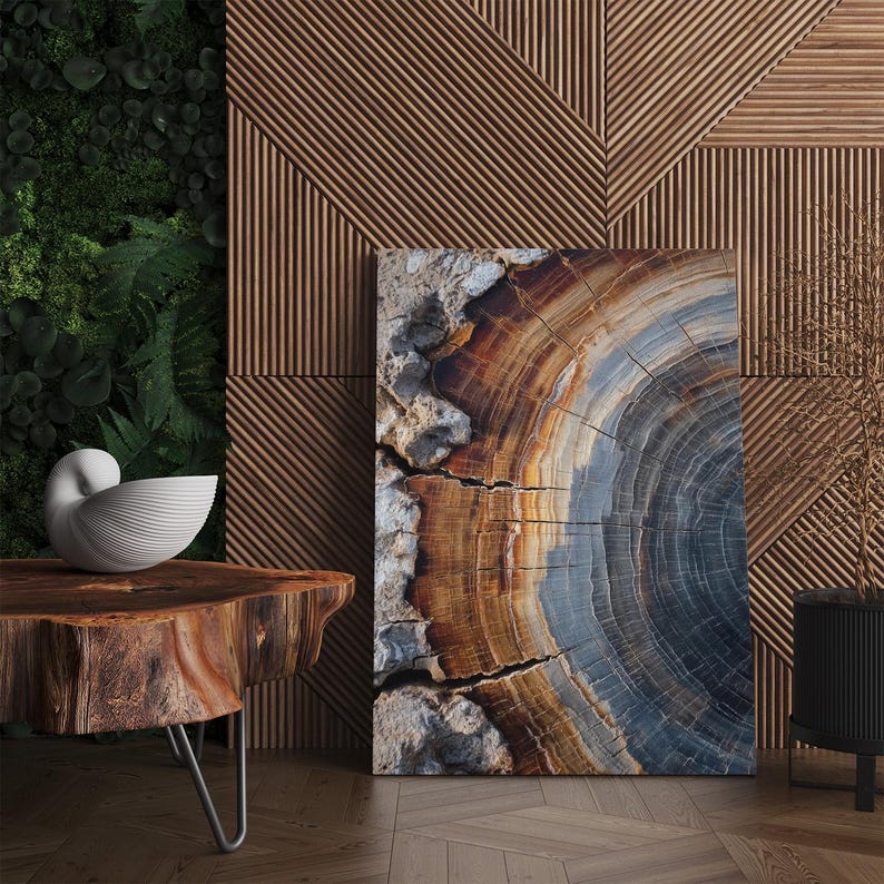 Petrified Wood Canvas Print | Abstract Tree Ring Wall Art | Natural Wood Grain Decor | Modern Earthy Brown Grey Art