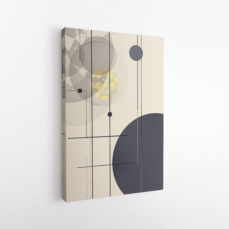 Abstract Geometric Art Canvas Print | Modern Circle Line Wall Decor | Neutral Gold Blue Minimalist Home Decor