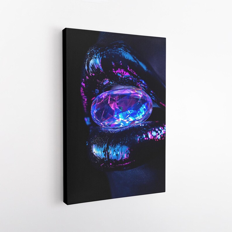 Dark Neon Lips Wall Art with Gemstone Print | Futuristic Glamorous Aesthetic Canvas Print
