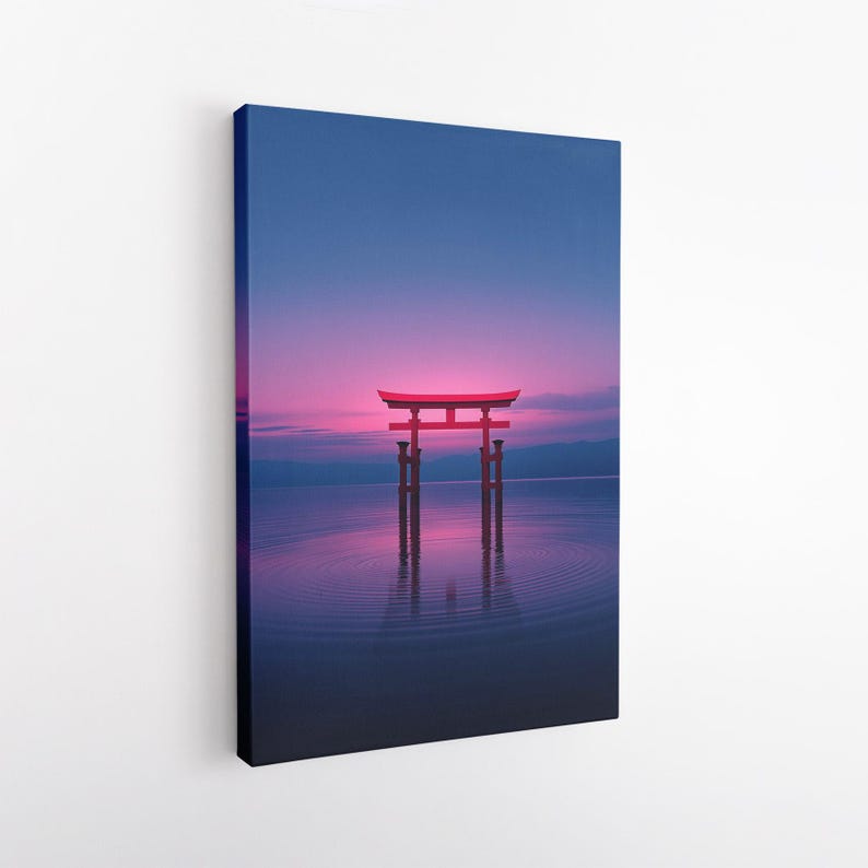 Japanese Torii Gate Canvas Print, Pink Sunset Floating Gate Wall Art, Serene Japan Landscape Art for Home Decor