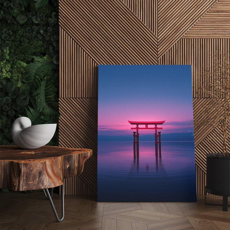 Japanese Torii Gate Canvas Print, Pink Sunset Floating Gate Wall Art, Serene Japan Landscape Art for Home Decor