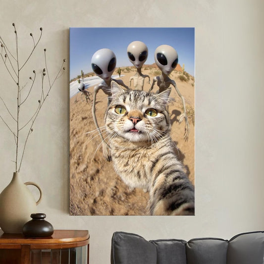 Funny Cat Selfie with Aliens Canvas Print, Humorous Sci-Fi Desert Wall Art Decor, Quirky Gift for Cat & Sci-Fi Lovers