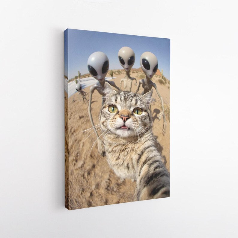 Funny Cat Selfie with Aliens Canvas Print, Humorous Sci-Fi Desert Wall Art Decor, Quirky Gift for Cat & Sci-Fi Lovers