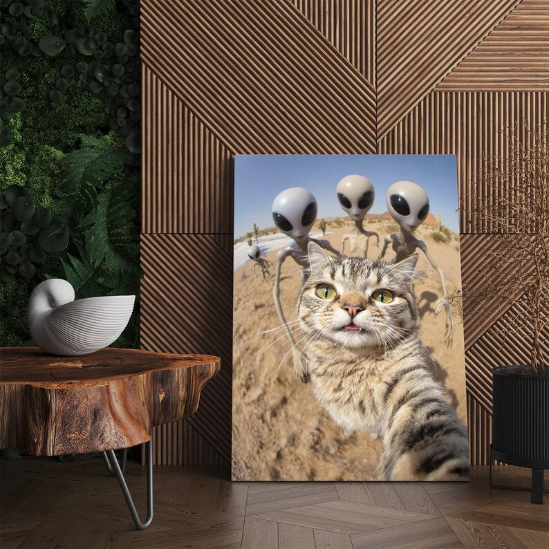 Funny Cat Selfie with Aliens Canvas Print, Humorous Sci-Fi Desert Wall Art Decor, Quirky Gift for Cat & Sci-Fi Lovers