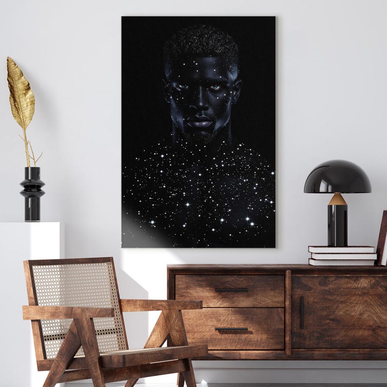 Cosmic Man Portrait Art Canvas Print, Starry Skin Black Male Figure Wall Art Decor