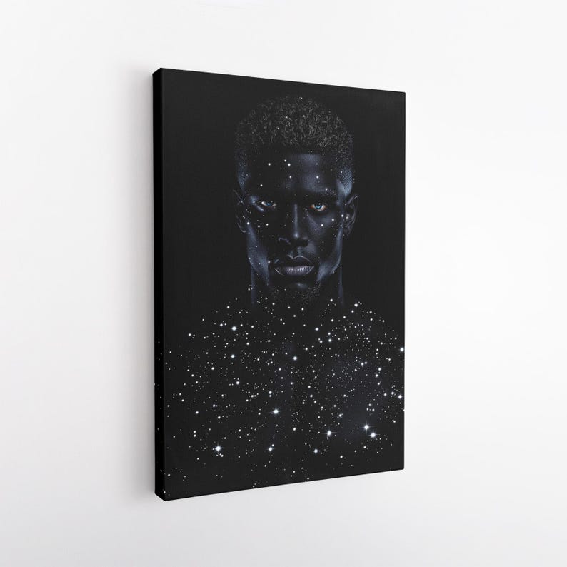 Cosmic Man Portrait Art Canvas Print, Starry Skin Black Male Figure Wall Art Decor