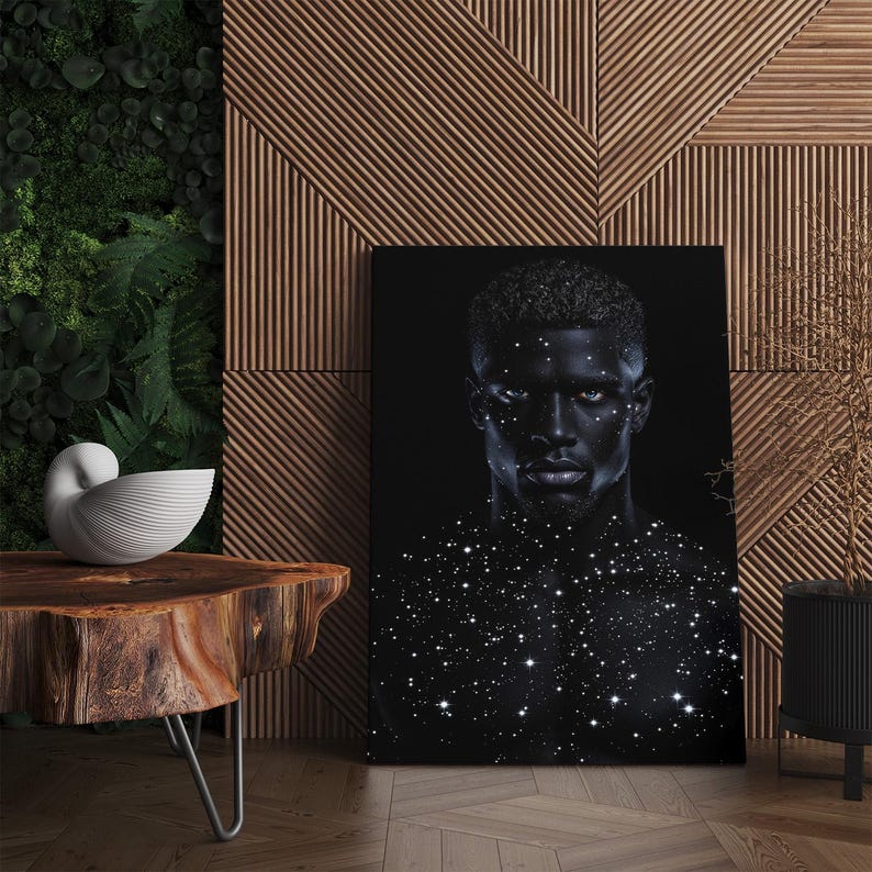 Cosmic Man Portrait Art Canvas Print, Starry Skin Black Male Figure Wall Art Decor