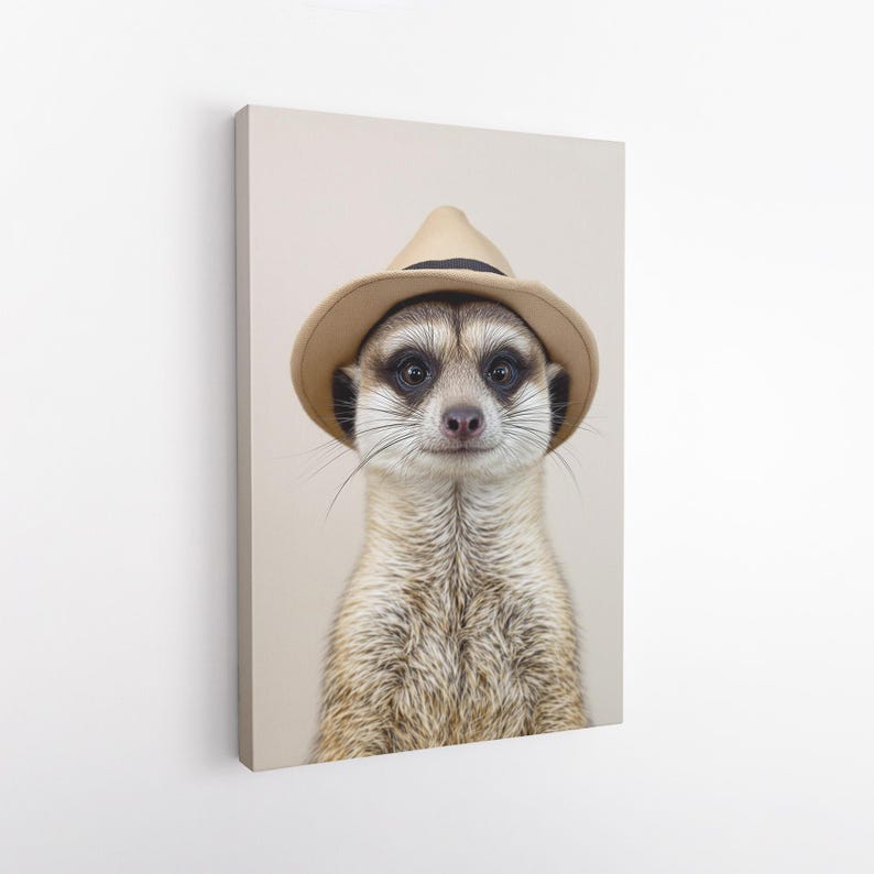 Meerkat with Hat Canvas Print | Cute Animal Wall Art for Nursery Kids Room Decor | Whimsical Animal Portrait Gift