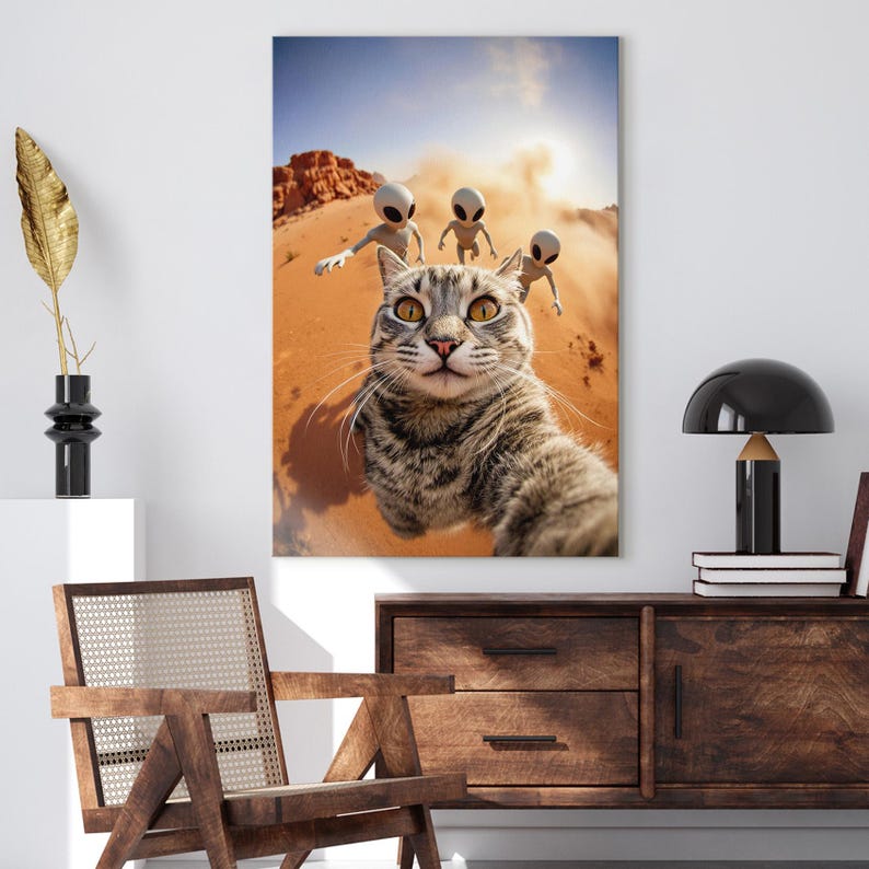 Funny Cat Selfie with Aliens Canvas Print | Sci-Fi Desert Wall Art Decor | Quirky Animal Lover Gift