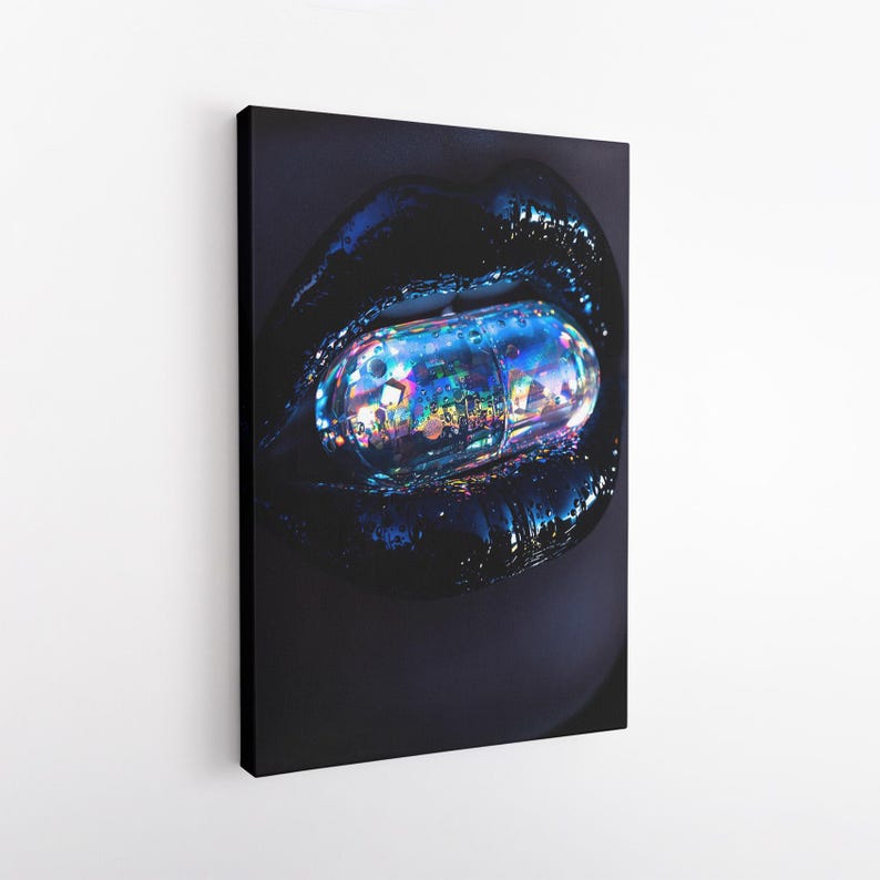 Surreal Iridescent Pill Lips Canvas Print, Futuristic Dark Art Wall Decor, Unique Modern Home Decor