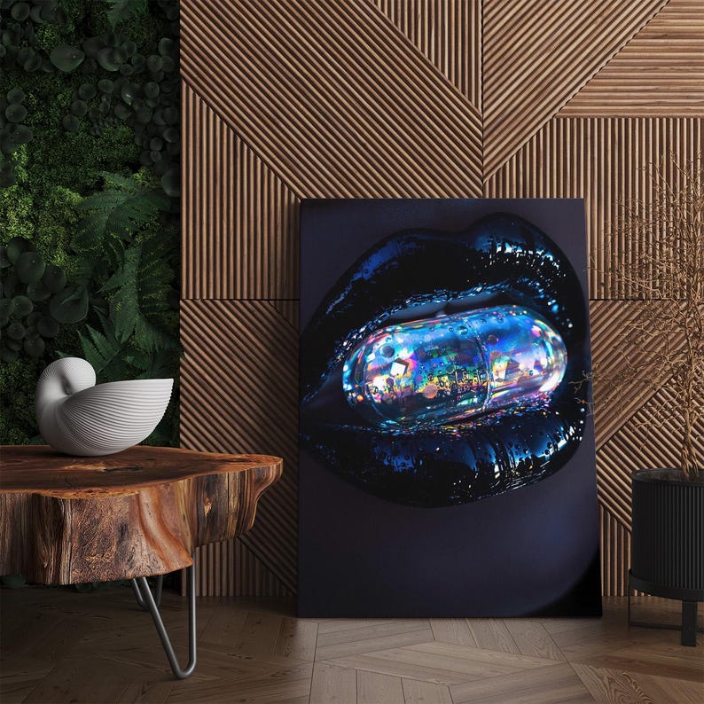 Surreal Iridescent Pill Lips Canvas Print, Futuristic Dark Art Wall Decor, Unique Modern Home Decor