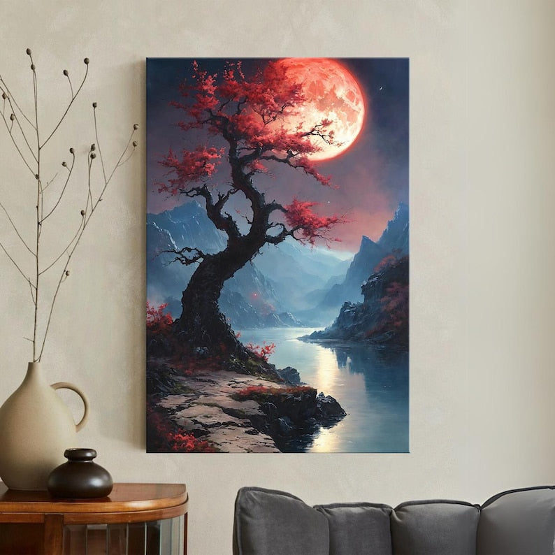 Fantasy Landscape Canvas Print, Cherry Blossom Tree Wall Art, Red Moon Mountain Lake Art, Dramatic Home Decor