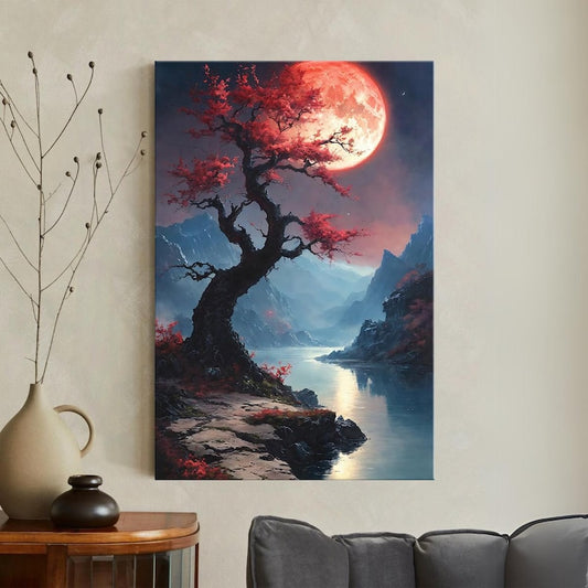 Fantasy Landscape Canvas Print, Cherry Blossom Tree Wall Art, Red Moon Mountain Lake Art, Dramatic Home Decor