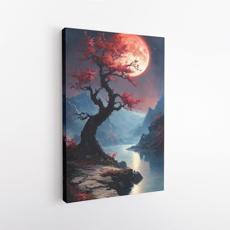 Fantasy Landscape Canvas Print, Cherry Blossom Tree Wall Art, Red Moon Mountain Lake Art, Dramatic Home Decor