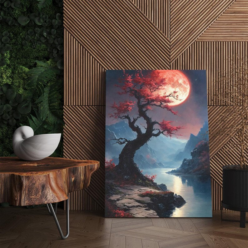 Fantasy Landscape Canvas Print, Cherry Blossom Tree Wall Art, Red Moon Mountain Lake Art, Dramatic Home Decor