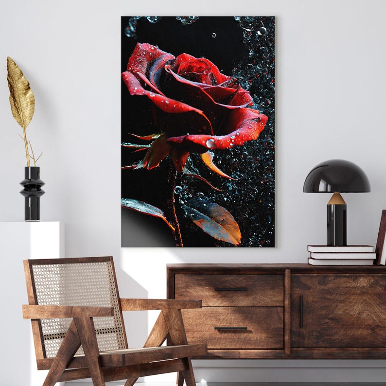 Red Rose Canvas Print, Dramatic Floral Wall Art, Water Drop Flower Photography, Romantic Home Decor Gift